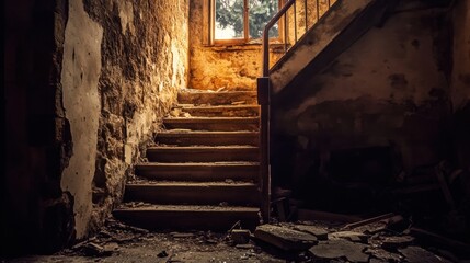 Creepy Abandoned Staircase Leading to Window With Outside View and Sunlight