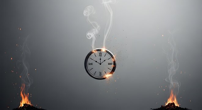 Abstract Minimalist Image of a Clock Reduced to Fine Drifting Ashes, with Faint Trails of Smoke Rising from Where It Once Stood, Its Circular Outline Suspended in Empty Gray Space, Embers Lingering at