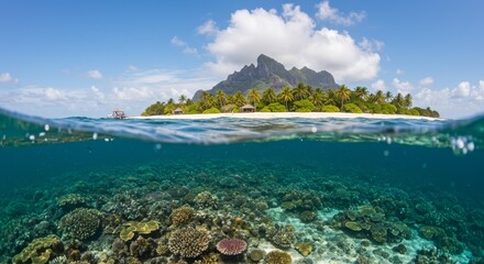 Split Level Photo of Tropical Island with Coral Reef Underwater and Sky