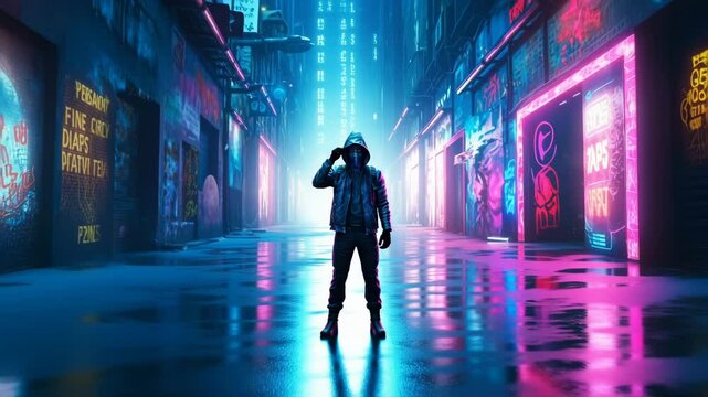 Cyberpunk Hero Faces Off Against Neon Mutants in Dark Alley