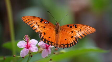 Obraz premium Vibrant Orange Butterfly Sitting on Delicate Pink Flower in Lush Green Background of Nature, Capturing the Essence of Beauty and Tranquility