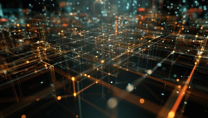 3D digital projection of algorithms, displaying complex data processing in a virtual space.