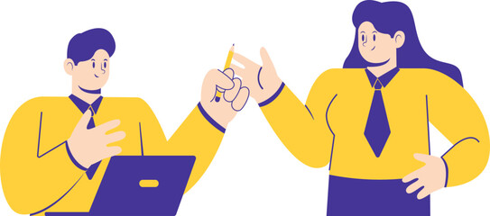 Illustration of two people discussing work. One guy is in front of a laptop and the other is explaining.
