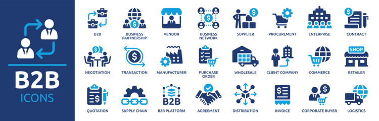 B2B icon set. Business to business, supplier, commerce, vendor, enterprise, partnership, manufacturer, purchase order, supply chain, transaction, quotation and more. Solid vector icons collection.
