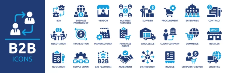 Selbstklebende Fototapeten B2B icon set. Business to business, supplier, commerce, vendor, enterprise, partnership, manufacturer, purchase order, supply chain, transaction, quotation and more. Solid vector icons collection. © Icons-Studio