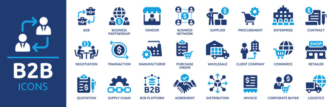 B2B icon set. Business to business, supplier, commerce, vendor, enterprise, partnership, manufacturer, purchase order, supply chain, transaction, quotation and more. Solid vector icons collection.
