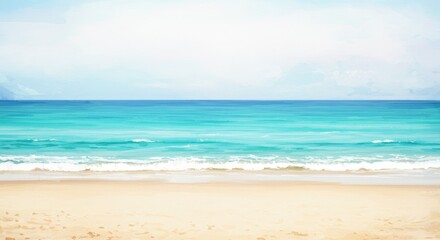 Watercolor Painting of Beach Landscape With Blue Sky and Golden Sand