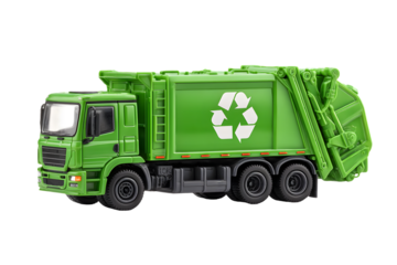 Green toy garbage truck with recycling symbol