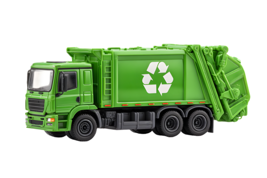 Green toy garbage truck with recycling symbol