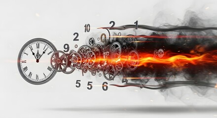 Abstract Visualization of a Floating Mechanical Clock Mid-Explosion, Its Gears, Springs, and Numerals Flying Outward, Each Fragment Trailing Fire and Smoke, Set Against a Vast Empty Space with Faint M