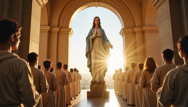 Worshippers in prayer before Virgin Mary statue at sunrise