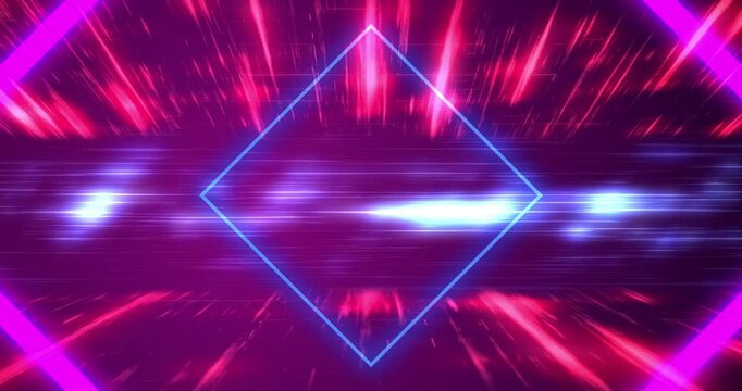 Cyber synthwave 3d rhombus squares moving geometric lines data visuals 4K. Space time travel loop opening of portal. Neon retro sci-fi movie virtual game mood. Big data light speed flow speed trail.