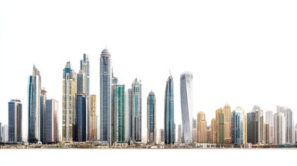 Panoramic View of Modern Skyscrapers and Architectural Landmarks Against a Clear Sky in an Urban City Landscape