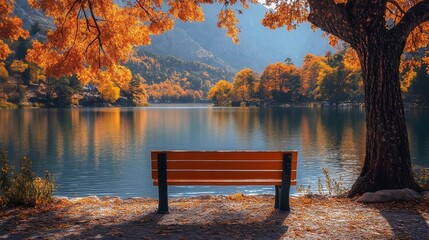 Obraz premium Autumnal scene with a bench overlooking a serene lake with trees in vibrant fall foliage