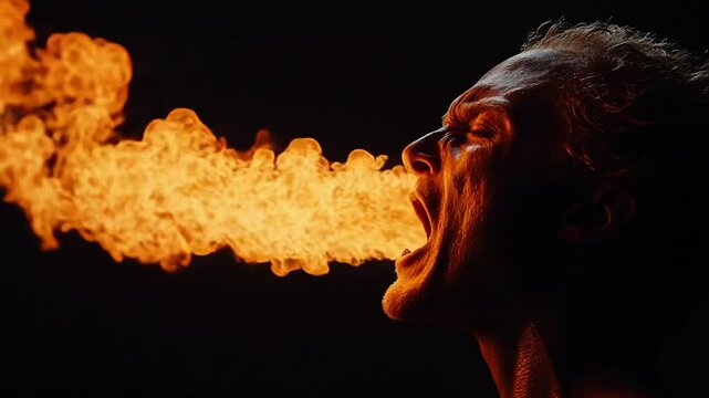 Intense fire breather showcasing powerful flames against a dark background, dramatic performance