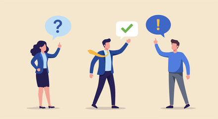 Illustration of individuals interacting with question, exclamation, and checkmark speech bubbles, representing dialogue, brainstorming, and decision-making in teamwork or a professional environment.