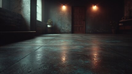 Dim interior shows worn floor with dark ambiance