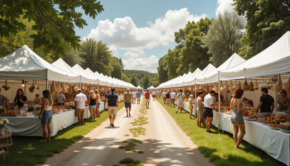 Outdoor farmers market with white tents and visitors