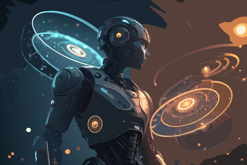 A futuristic robot, 'L', with glowing, abstract generative shapes emanating from its core, showcasing advanced AI.