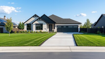 Modern Suburban Home with Perfectly Edged Lawn in Clear Blue Sky