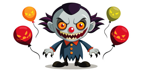 Fototapeta premium Creepy Halloween Clown Cartoon Character with Jack o lantern Balloons, AI Generated