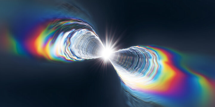 Wormhole connecting two universes generating bright light and colorful ripples