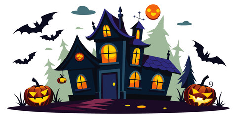 Fototapeta premium Spooky Halloween Haunted House with Jack oLanterns Bats and Full Moon, AI Generated