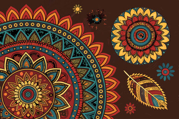 Generate a vibrant collection of bold, tribal-inspired doodles featuring intricate ethnic patterns and motifs in a collage style.