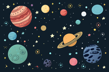 Vibrant vector illustration of a cosmic doodle scene featuring colorful planets, twinkling stars, and whimsical celestial elements.  Perfect for space-themed designs. © adobe1 stock