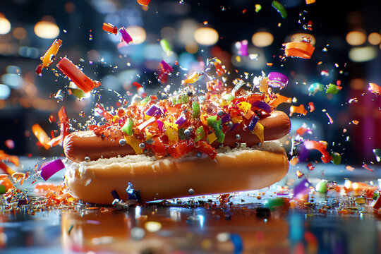 Glitch-style dynamic hot dog blast with flying ingredients warped in chaotic angles, motion blur creating freeze-frame drama, vibrant colors, and energetic movement