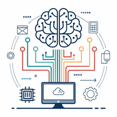 Design a bold, vector illustration of a brain computer interface; emphasize strong lines and impactful visuals.