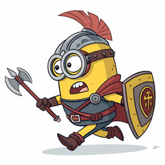 Create a bold, vector illustration of a battle-ready Minion, wielding a weapon, with thick outlines and vibrant colors.  Show determination and aggression.