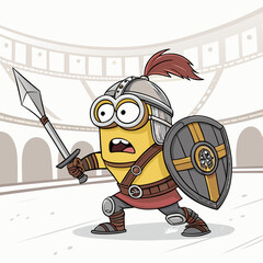 Create a vector illustration of a battle-ready Minion, featuring bold, thick outlines and intense expression.  High detail, vibrant color.