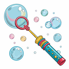 Create a vector illustration of a bold, black stroke bubble wand toy with a vibrant handle.  Include intricate details. © adobe1 stock