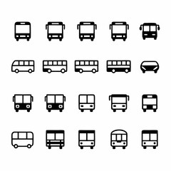 Design a vector icon pack featuring bold-stroke bus illustrations in various styles (front, side, top views).  Include different bus types.