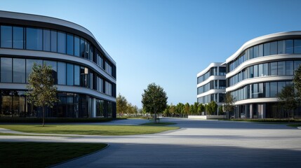 Modern Commercial Architecture Featuring Unique Design Elements in Open Area Landscape