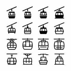 Design a vector icon pack featuring bold-stroke cable cars; various angles, styles, and sizes. Include variations for uphill and downhill travel.