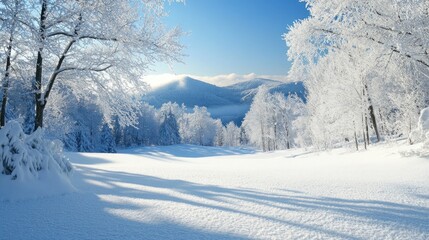 Obraz premium Serene winter landscape with snow-covered trees and mountains under sunlight