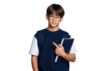 Cheerful schoolboy with glasses holding a book and pointing, ready for class or a presentation