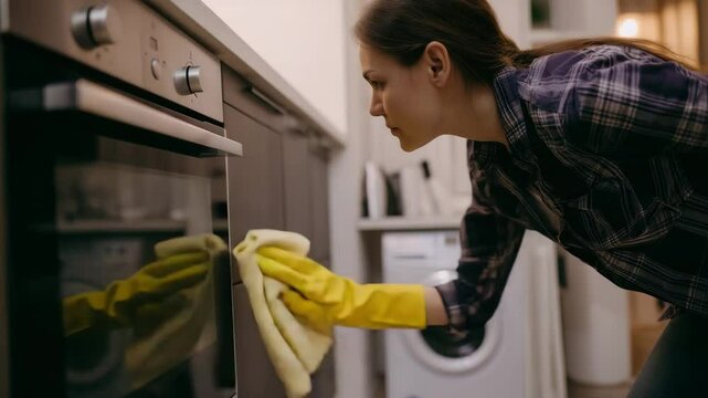 Woman cleaning kitchen oven with yellow gloves and cloth, domestic hygiene and housework routine in cozy home