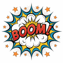 Design a bold, vector comic book-style "BOOM" word art with a thick, impactful stroke.  Include a vibrant color scheme.