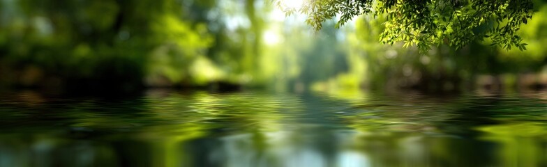 Reflections on the Water Surface of a Calm Lake Surrounded by Lush Green Trees A Serene Nature Scene with Sunlight Filtering Through the Leaves