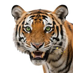 Fototapeta premium Close up of a tiger face with mouth open isolated on transparent background, no background