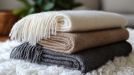 Stacked neutral throws with fringe detail on textured surface