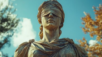 Bronze statue with blindfold against blue sky and autumn foliage