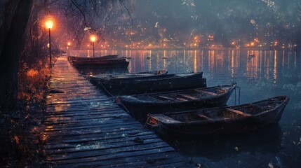 Fototapeta premium Enigmatic waterscape: Boats nestled at tranquil dockside under the glow of twilight