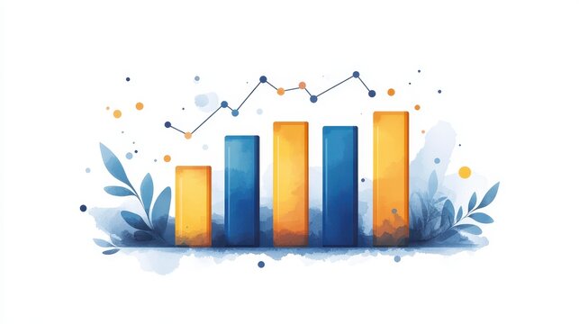 Watercolor-style bar graph showing growth, plants, and data points - Powered by Adobe