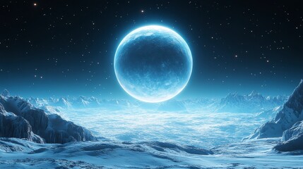 Frozen landscape under a bright blue moon with snowy peaks and starry sky