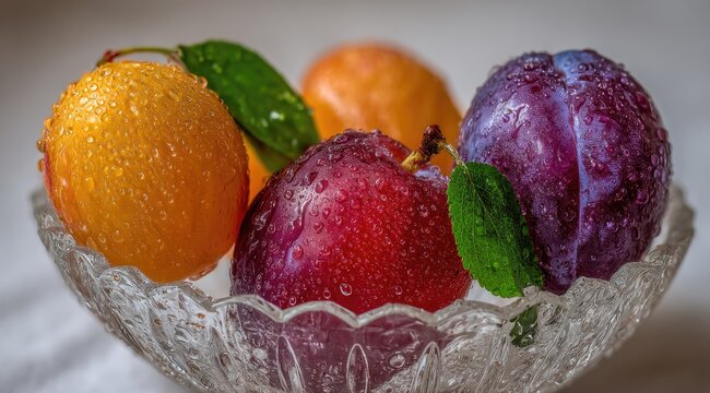 Colorful plums in a glass bowl