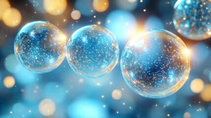 Floating blue spheres, glowing particles within, against bokeh lights of blue and gold